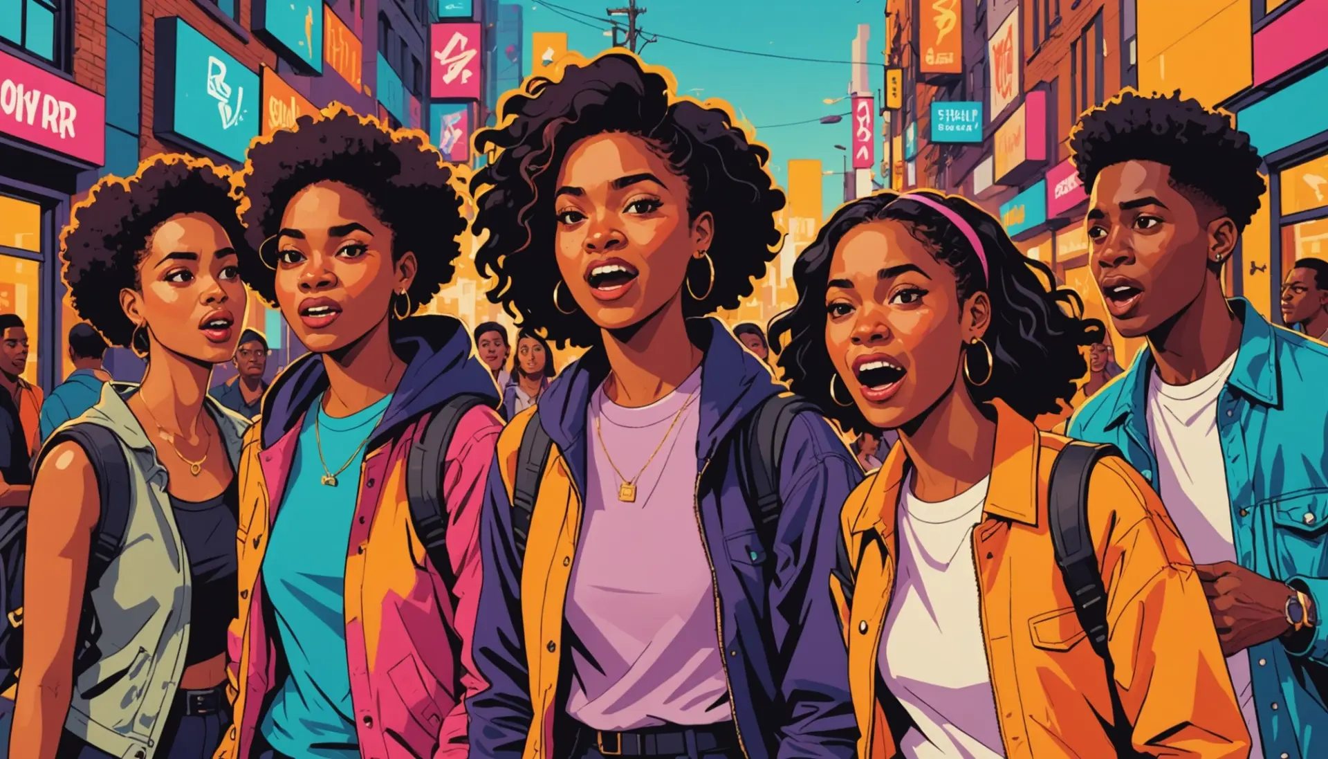 Vibrant editorial scene illustrating 'degloved meaning slang' with people reacting, bright colors
