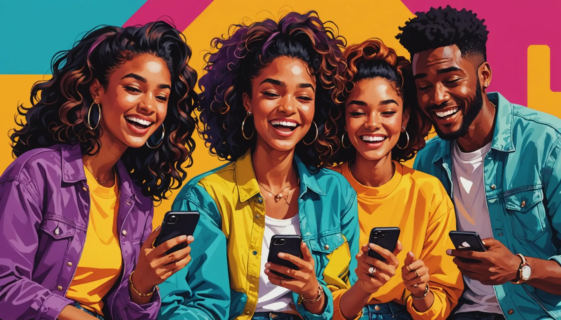 Editorial illustration of people using PYT in social media captions, representing pyt meaning slang