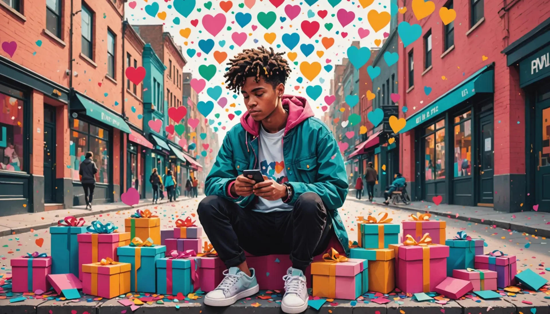 Editorial illustration showing the concept of love bomb slang with a person overwhelmed by hearts and messages