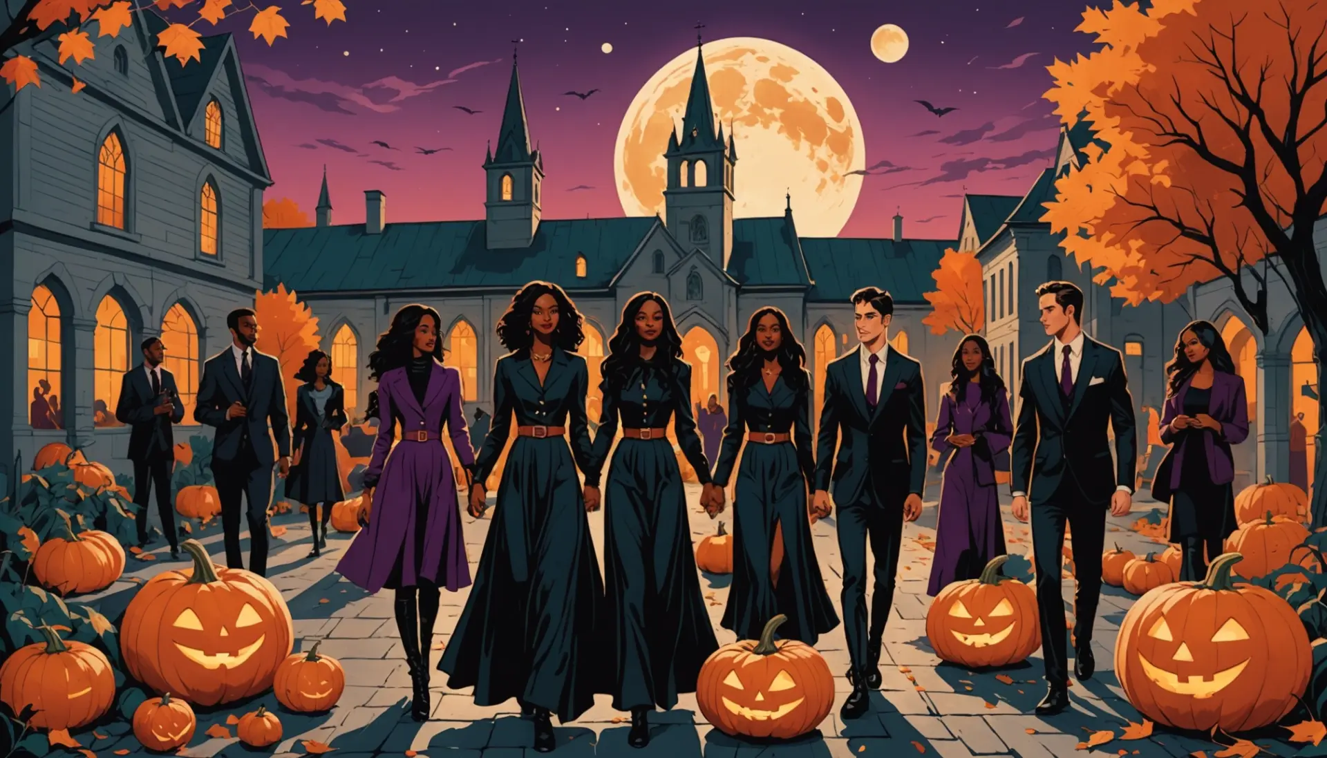 Editorial illustration showing characters under moonlight with gothic pumpkins, caption vibe for 'what does all hallows mean'