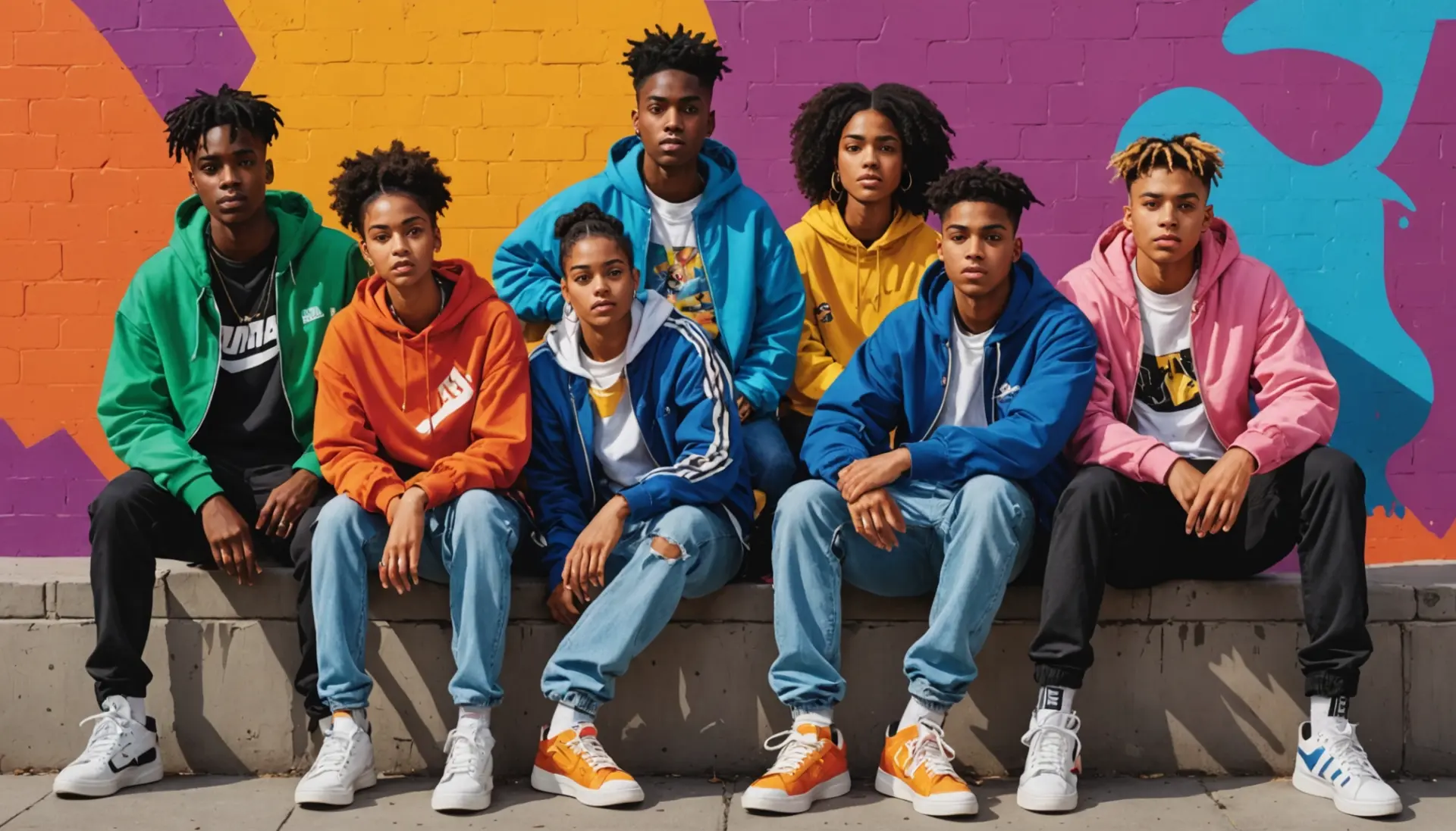 Editorial illustration showing people labeled with 'gnc urban dictionary' style signs, vibrant queer streetwear scene