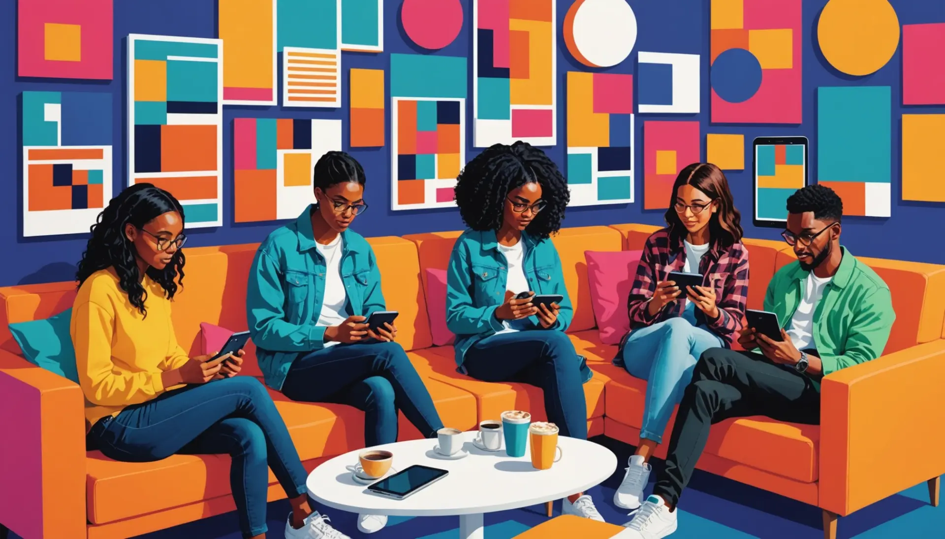 Editorial illustration of people scrolling phones and searching fb urban dictionary entries