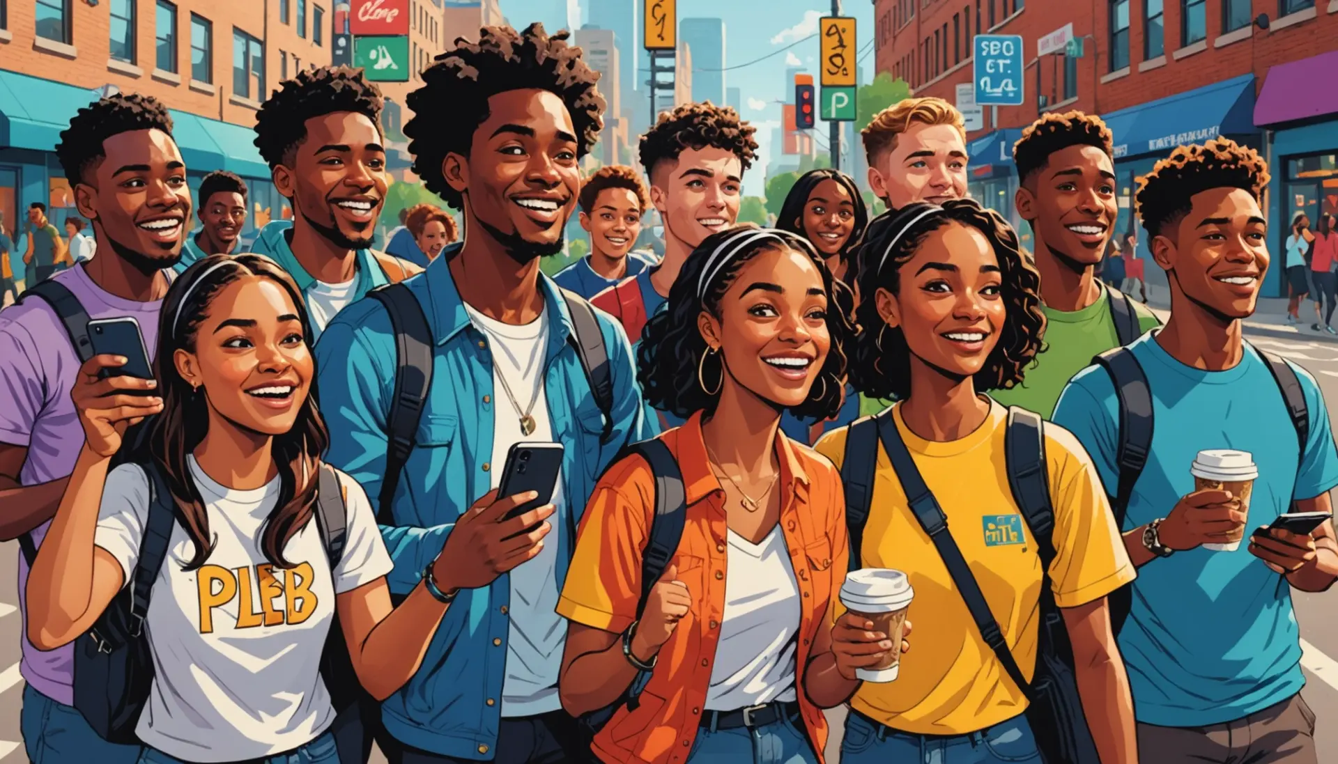 Editorial illustration showing people reacting to the phrase what is a pleb slang in a lively street scene