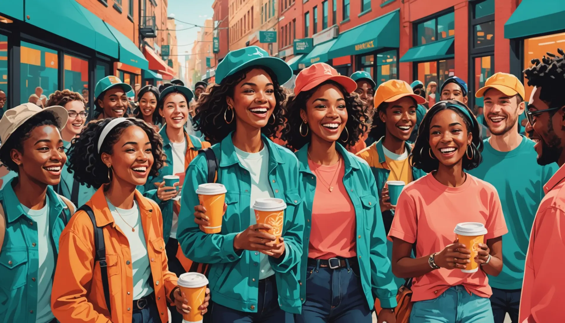 Editorial illustration of friends in a colorful noisy gaggle, showing what does gaggles mean