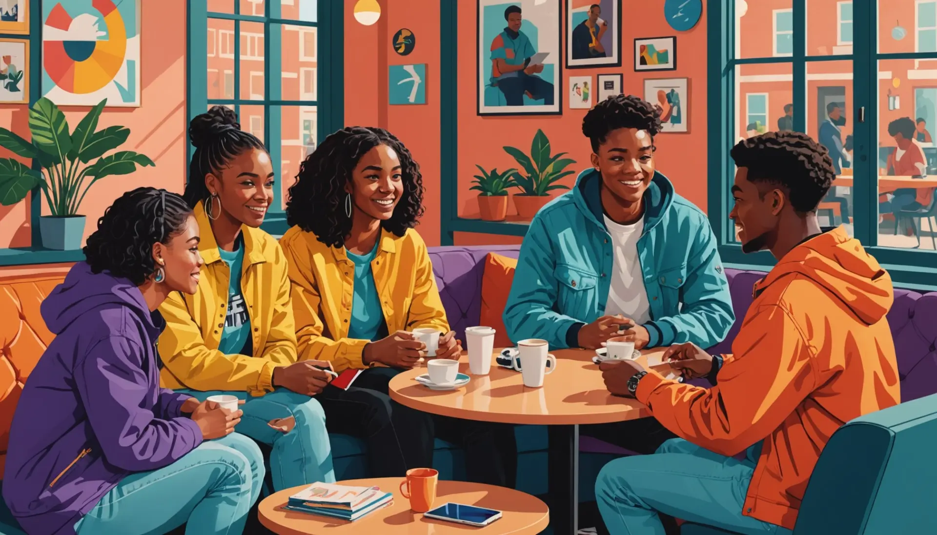 Editorial illustration showing people discussing 'curry meaning slang' around a coffee table