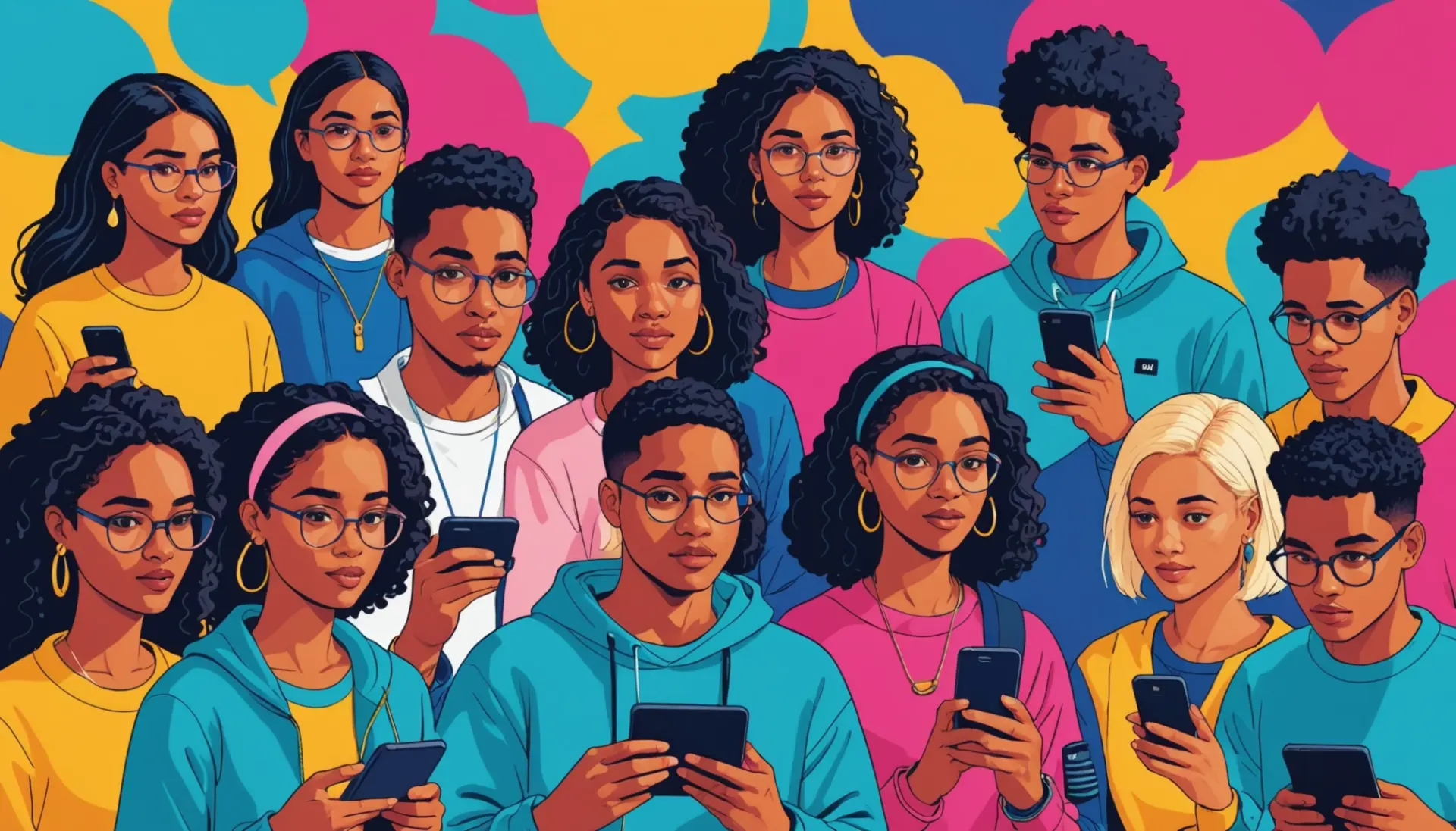 Editorial illustration showing people texting with the phrase what does dmd mean in text floating among speech bubbles