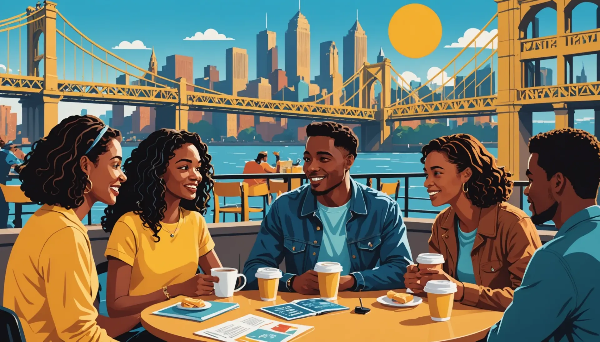 Editorial illustration showing people debating what does pitt mean with symbols for Pittsburgh and Brad Pitt