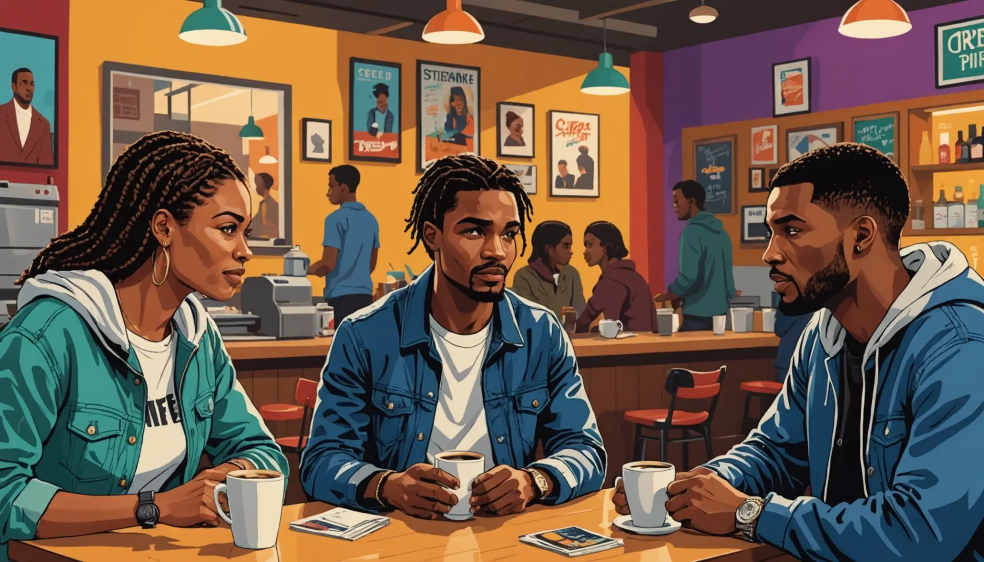 Editorial illustration showing people discussing what does creed mean around a coffee table