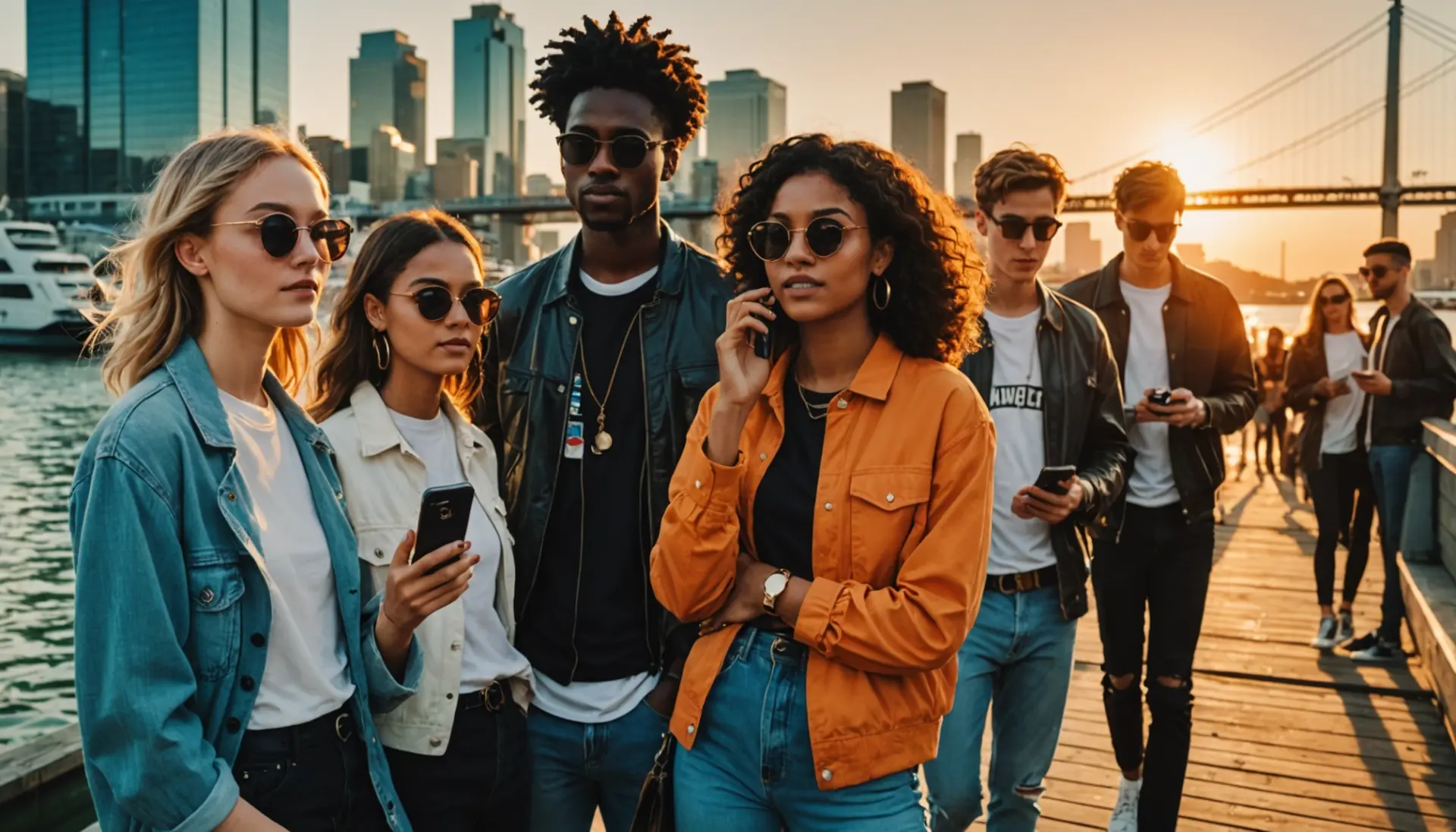 Editorial illustration of diverse people on a city quay with the words quay urban dictionary vibe