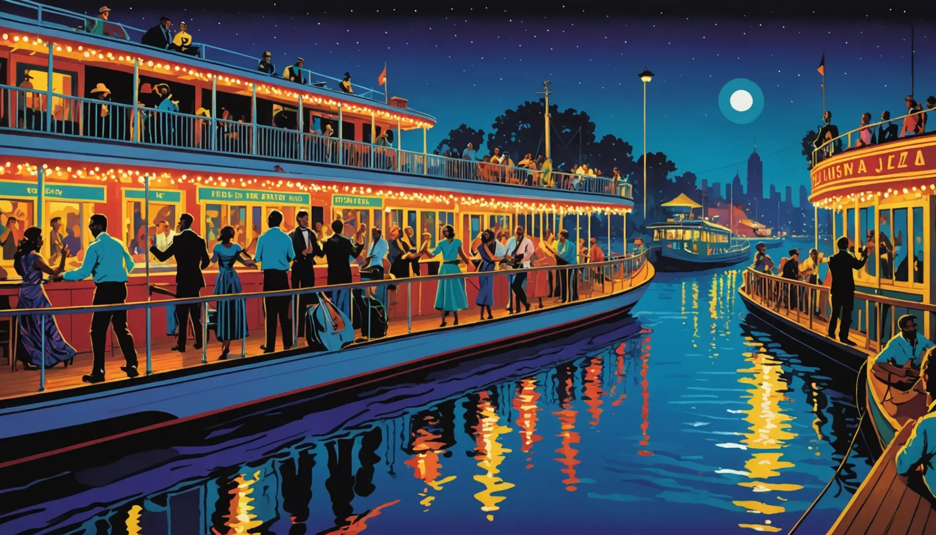 Editorial illustration of a loud riverboat party scene evoking louisiana steamboat urban dictionary
