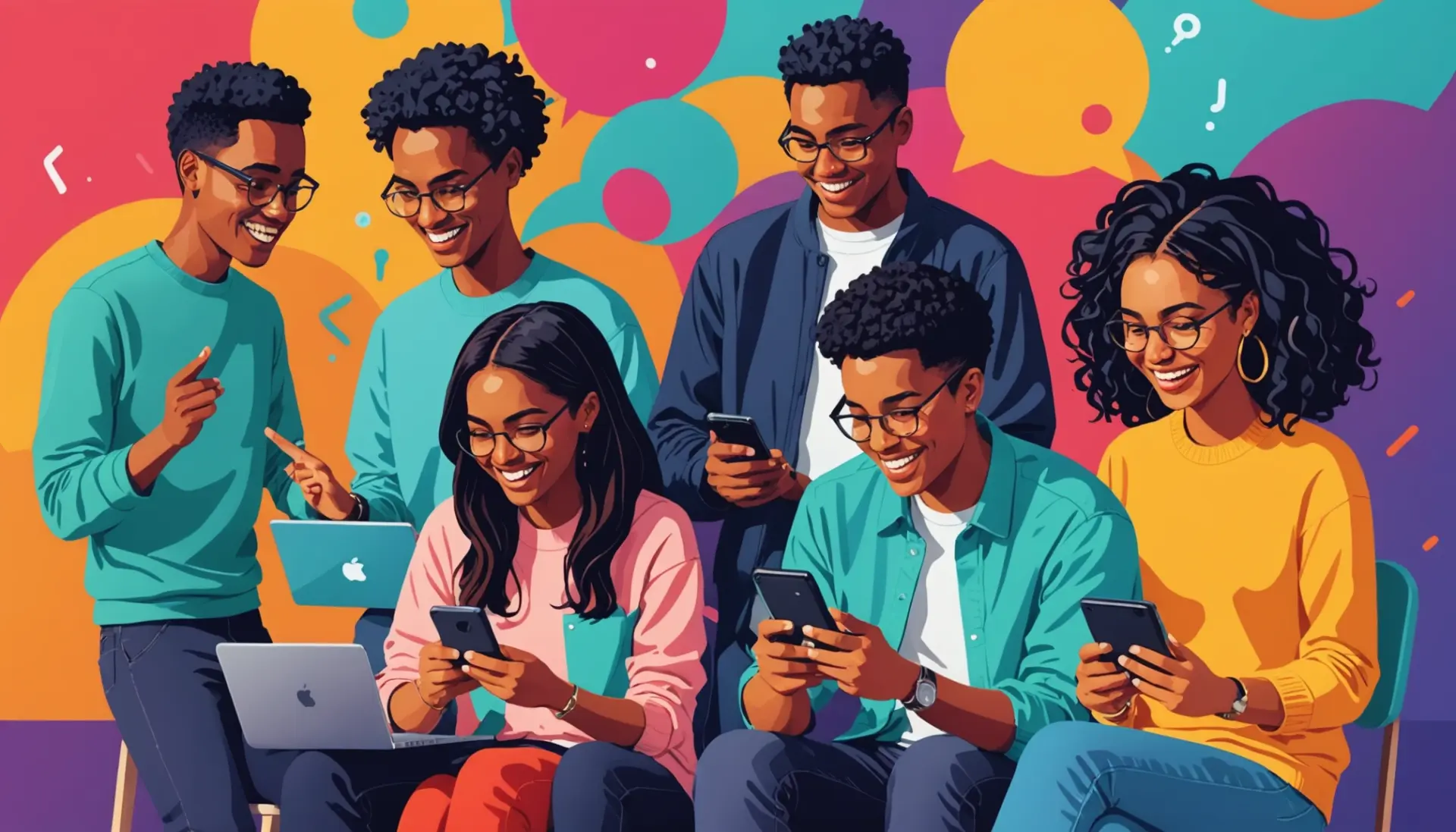 Editorial illustration of people using phones with icons, representing fb meaning slang