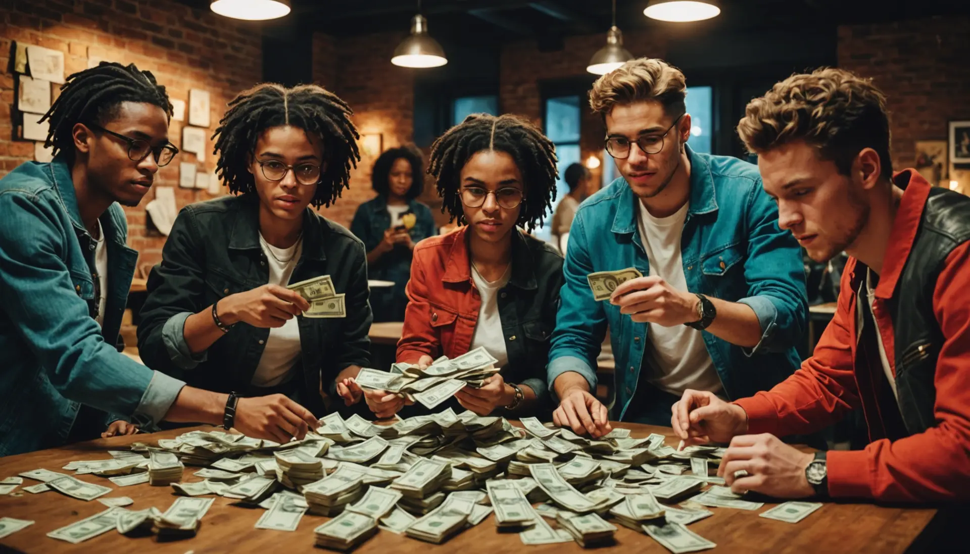 Editorial illustration of people putting money stacks on a table, representing what does b's on the table mean