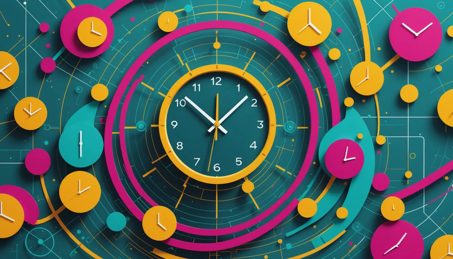 Editorial illustration showing the concept of what does concurrent mean with overlapping clocks and people, vibrant colors