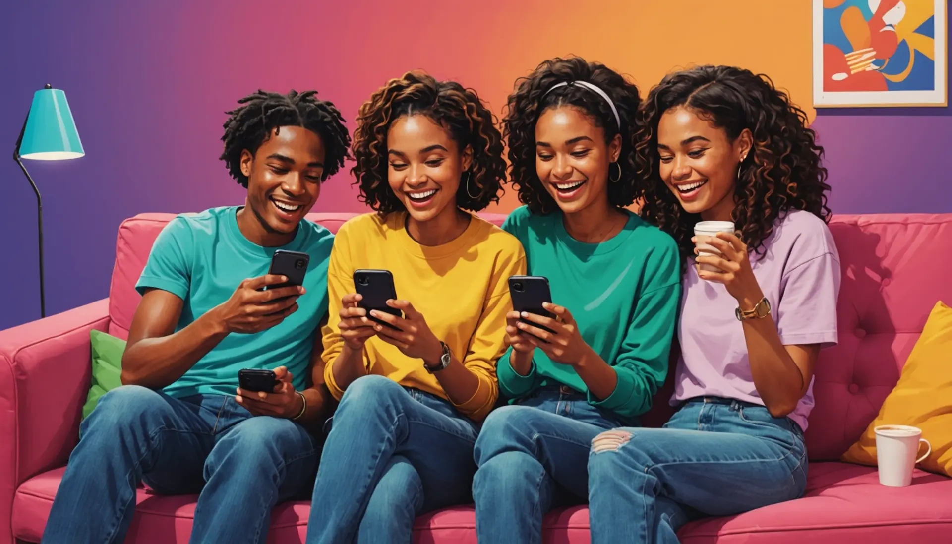 Editorial illustration of people laughing while searching urban dictionary white toe nail polish on phones