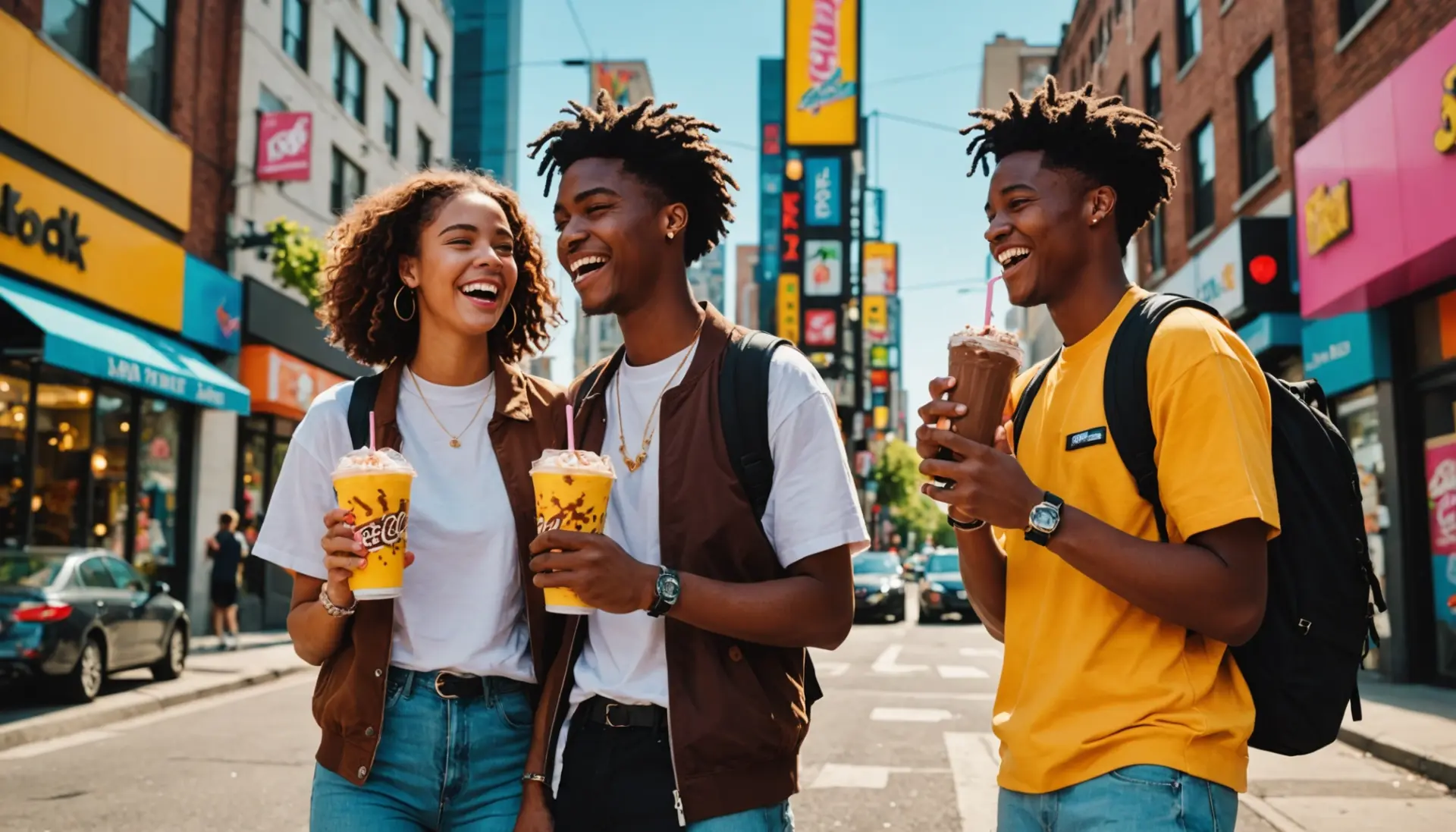 Editorial illustration of two young people laughing with a Nesquik-style milkshake, representing nesquik meaning slang