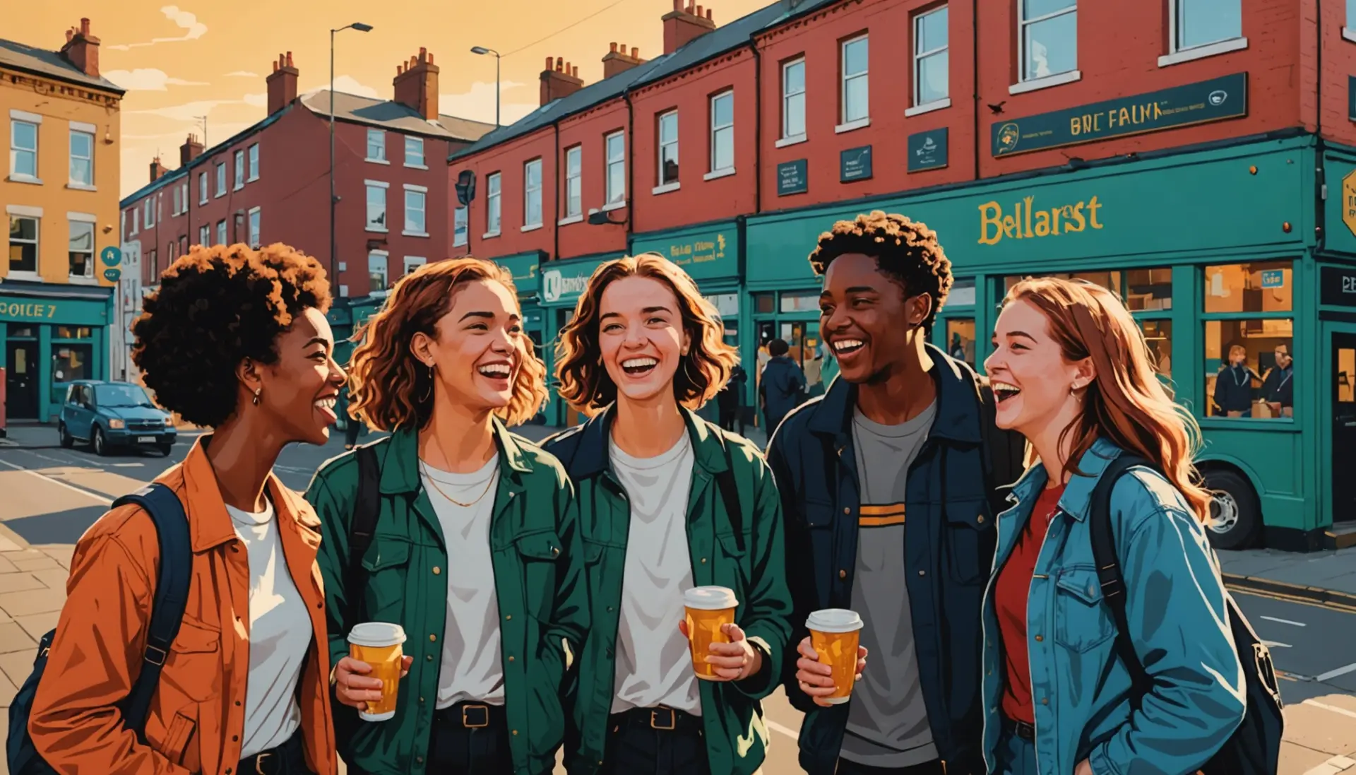 Editorial illustration of people using belfast slang in a lively Belfast street scene
