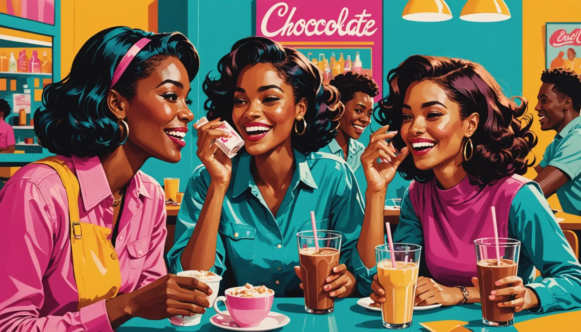 Editorial illustration showing people using the phrase nesquick slang meaning while holding nostalgic chocolate milk, stylized and vibrant