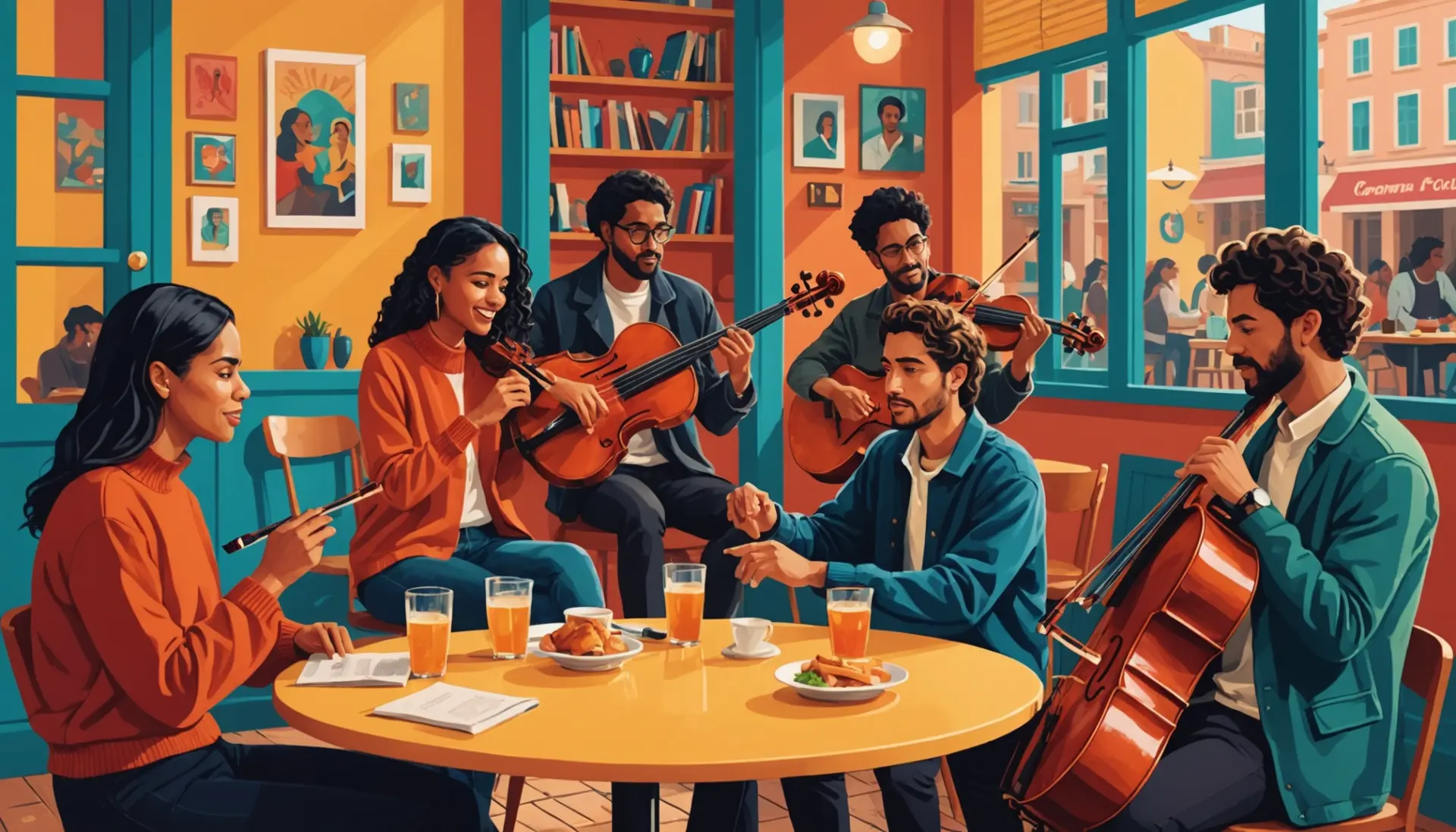 Editorial illustration showing musicians and a city sign with the phrase what does largo mean implied, vibrant scene