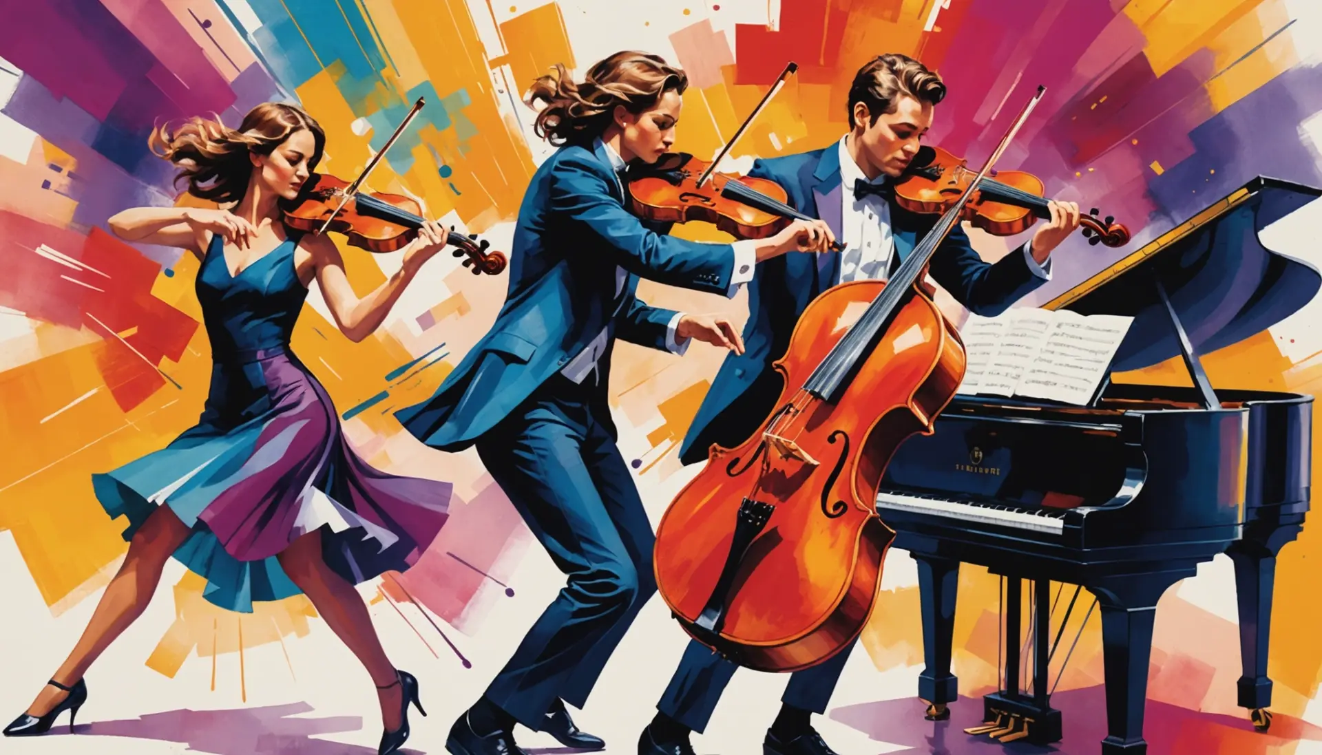Illustration showing musicians and dancers with the phrase what does allegro mean vibe