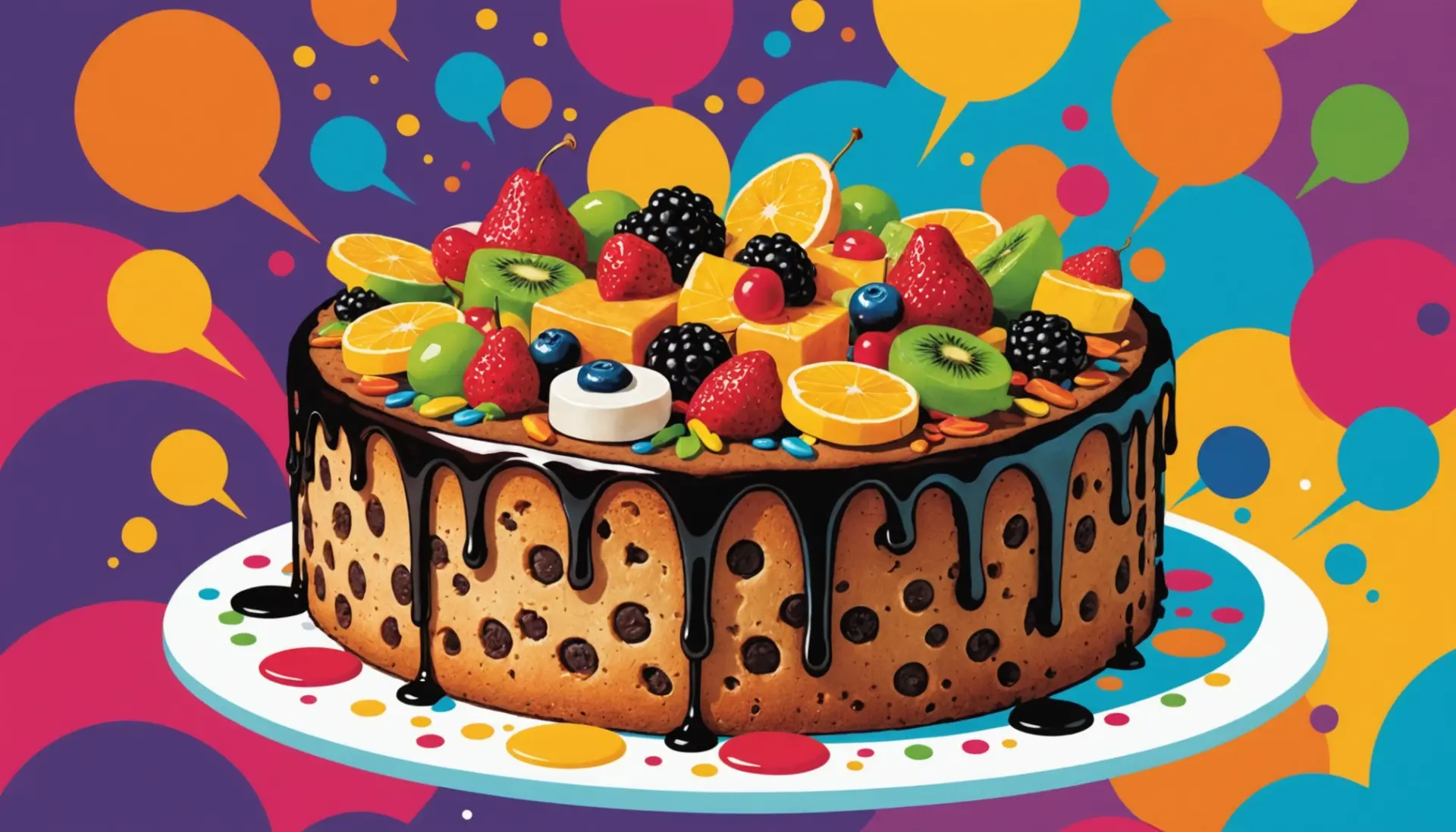 Editorial illustration showing a fruitcake and slang bubbles with the phrase fruitcake urban dictionary