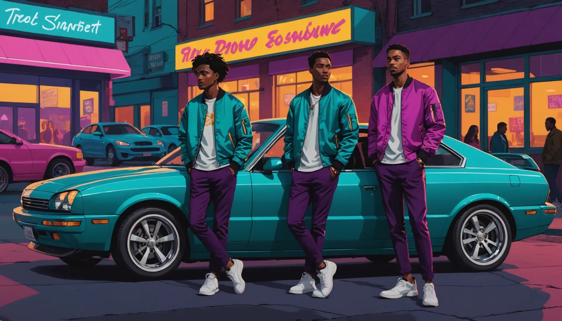Editorial illustration of young people next to a two-door car with stylish vibe, coupe meaning slang