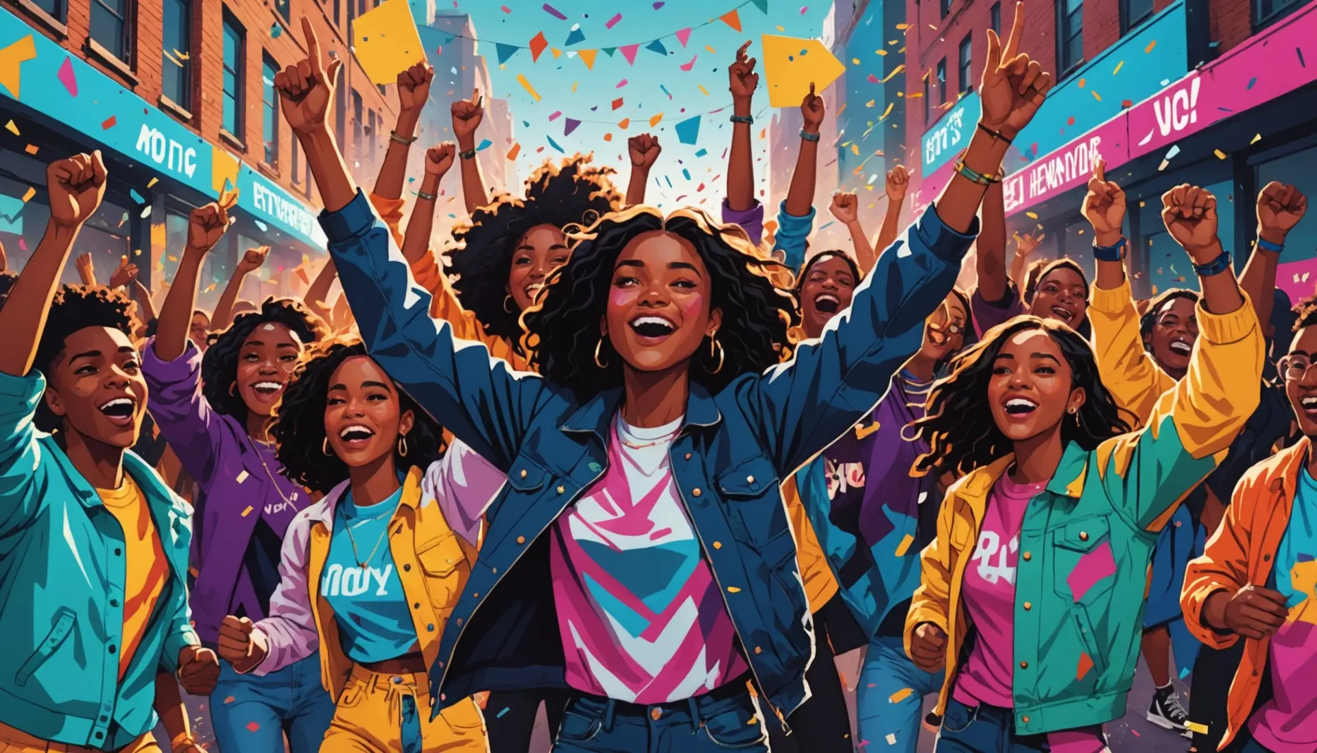 Editorial illustration showing people shouting bangaranga in a colorful street scene, what does bangaranga means