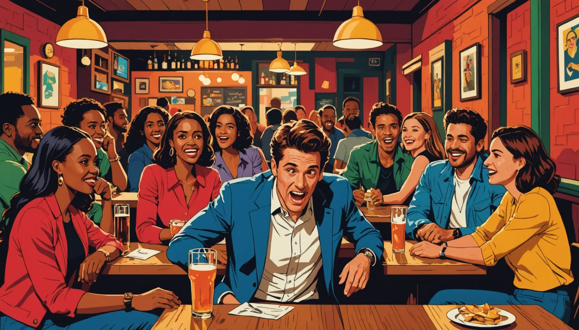 Editorial illustration of people at a bar where someone is leaving without paying, caption scene representing stiff slang meaning