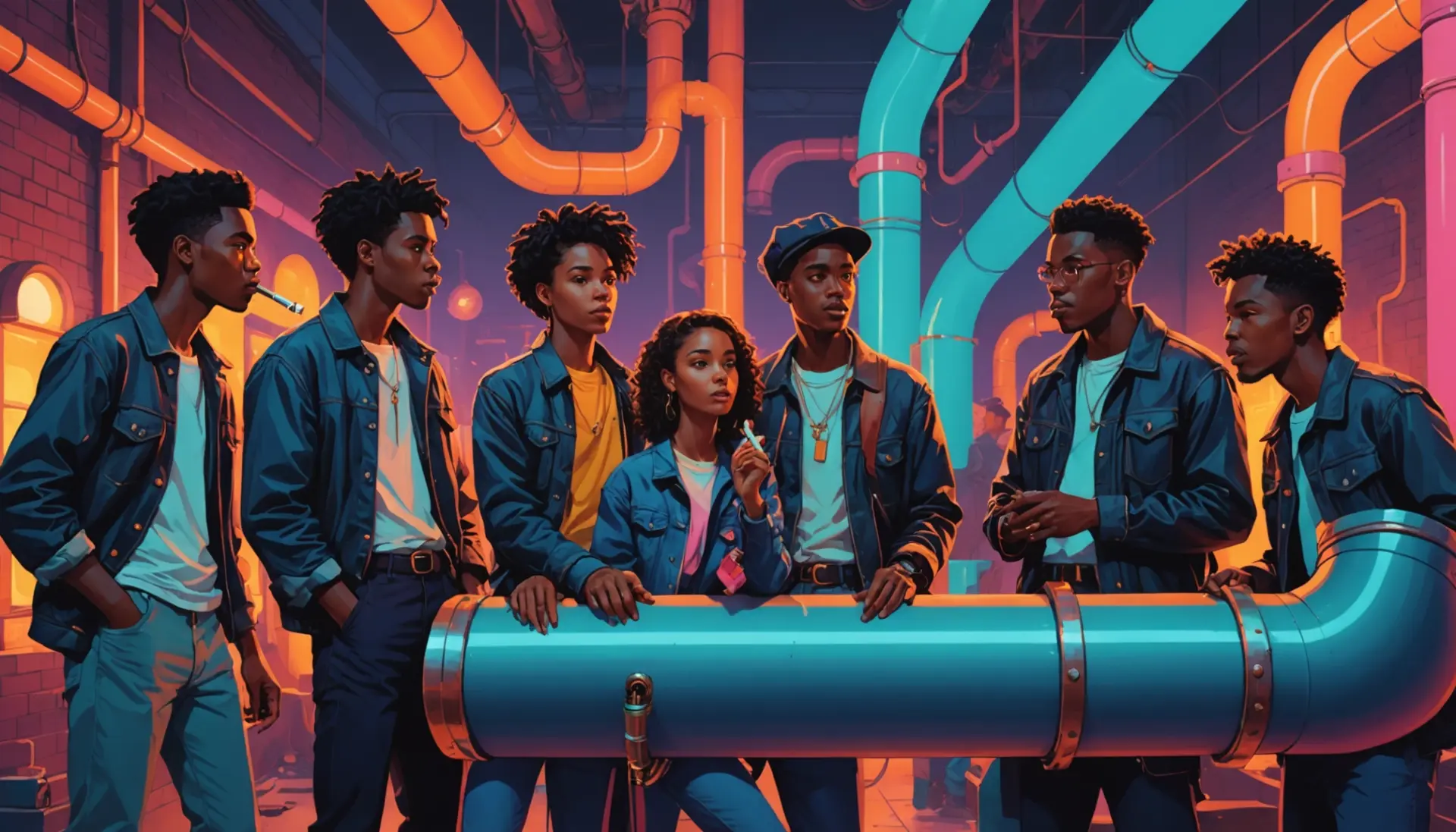 Editorial illustration showing people around a stylized pipe, representing pipe slang meaning