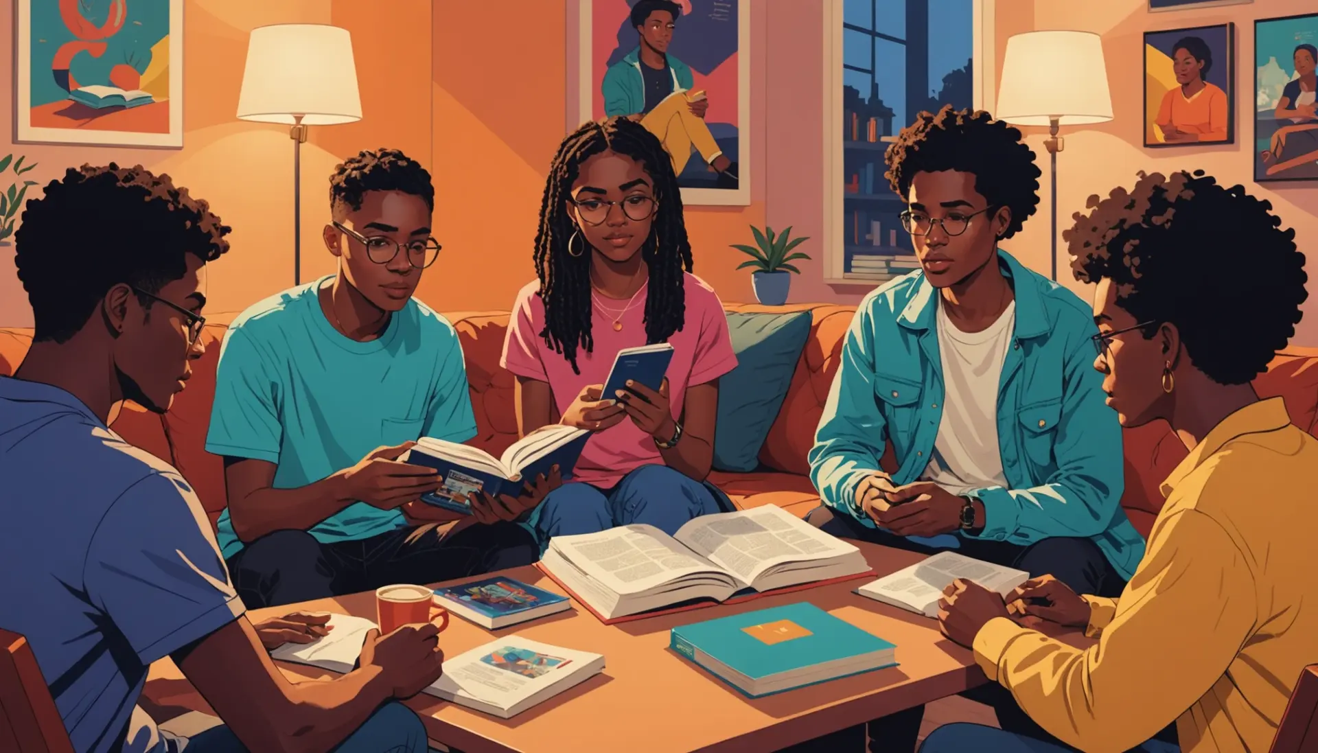 Editorial illustration of people discussing what does deuteronomy mean around a coffee table