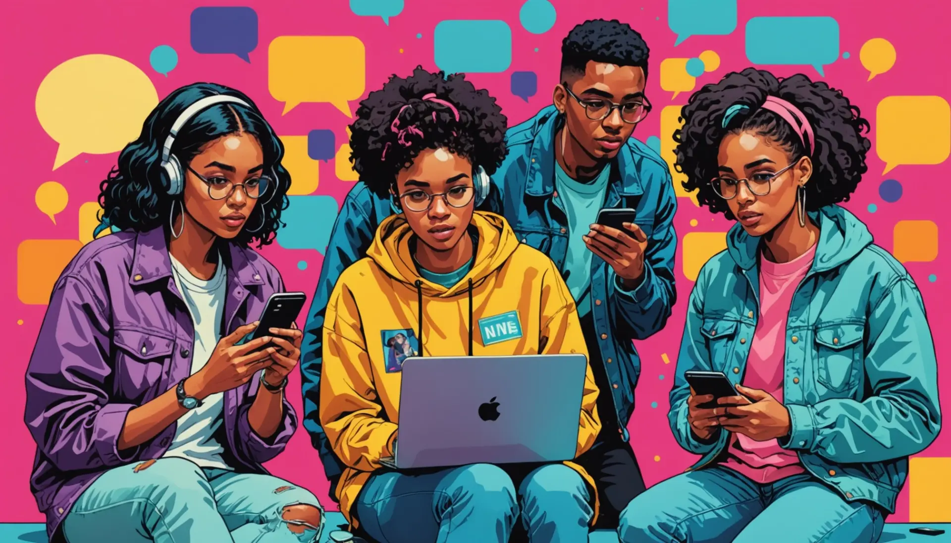 Editorial illustration showing young people debating 'wrs urban dictionary' on phones, street art vibe with speech bubbles
