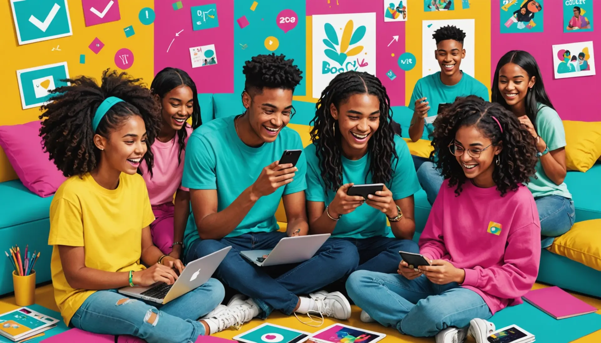 Editorial illustration showing teens reacting and using gen alpha slang melt online