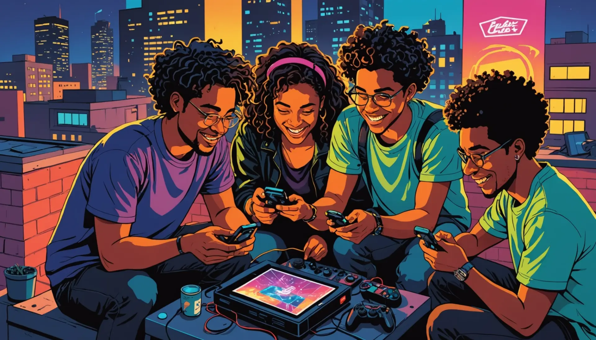 Editorial illustration showing people in a neon-lit cityscape talking about duct slang