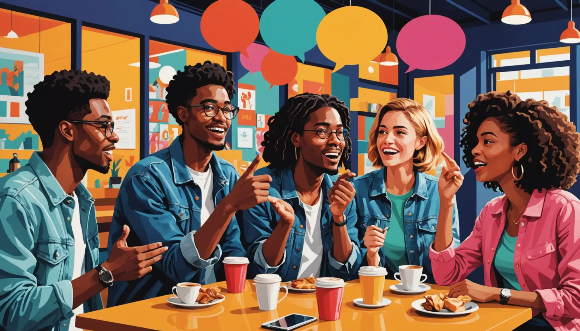 Editorial illustration showing young people debating the meaning of lump slang