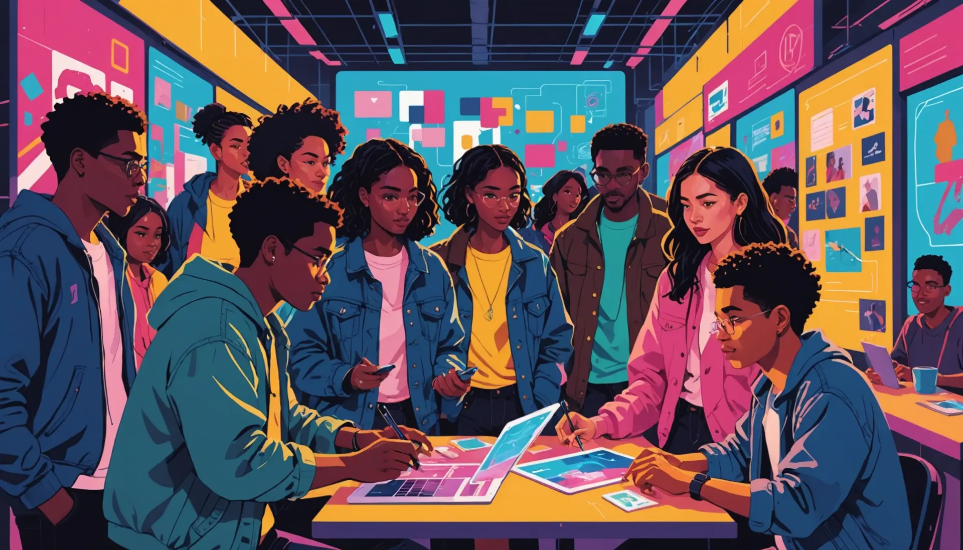 Editorial illustration showing people collaborating around a colorful wiki interface, what does wiki mean