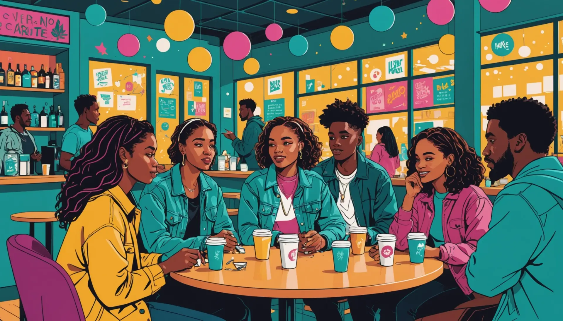 Editorial illustration showing urban scene with people and thought bubbles of common slang terms for drugs