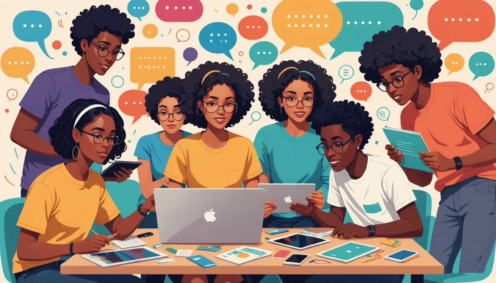 Editorial illustration depicting wiki slang, people editing a wiki and speech bubbles with short slang terms, showing wiki slang in action