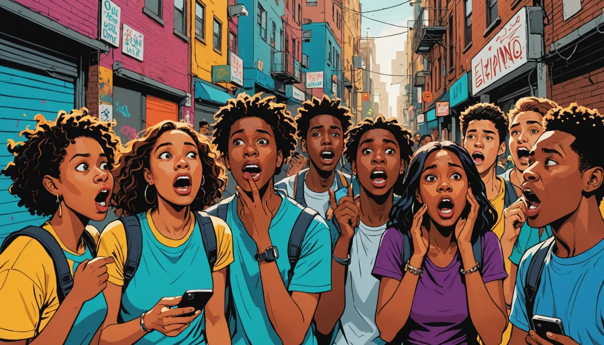 Editorial illustration showing people reacting to vomit, with caption-style expressions referencing slang for vomit