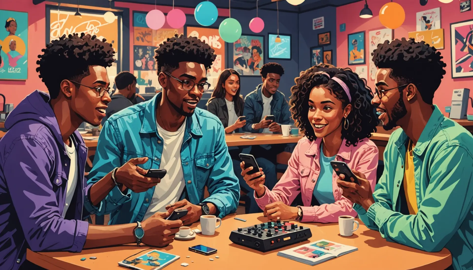 Editorial illustration of a gamer and friends debating 'dlc urban dictionary' meaning