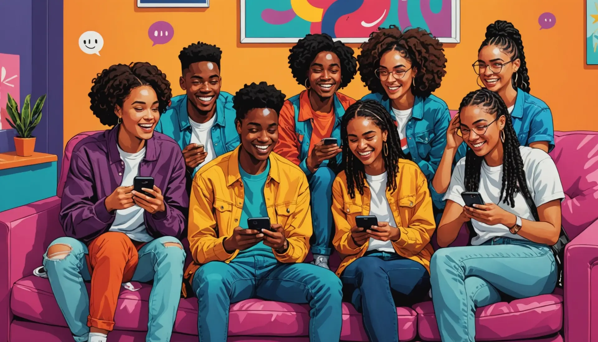 Illustration of young people laughing and texting, captioned scene suggesting the term deenie slang