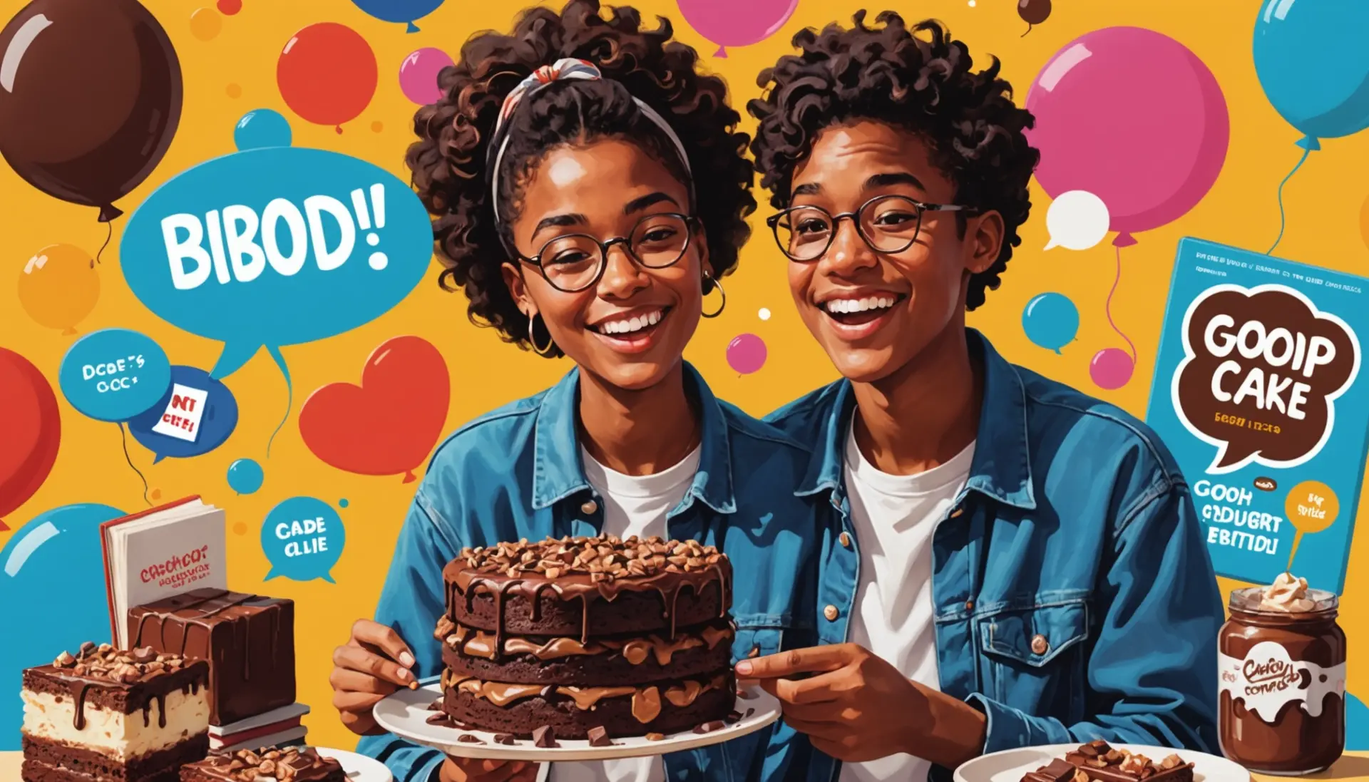 Editorial illustration showing a person holding a sticky fudge cake with speech bubbles asking what does superfudge mean