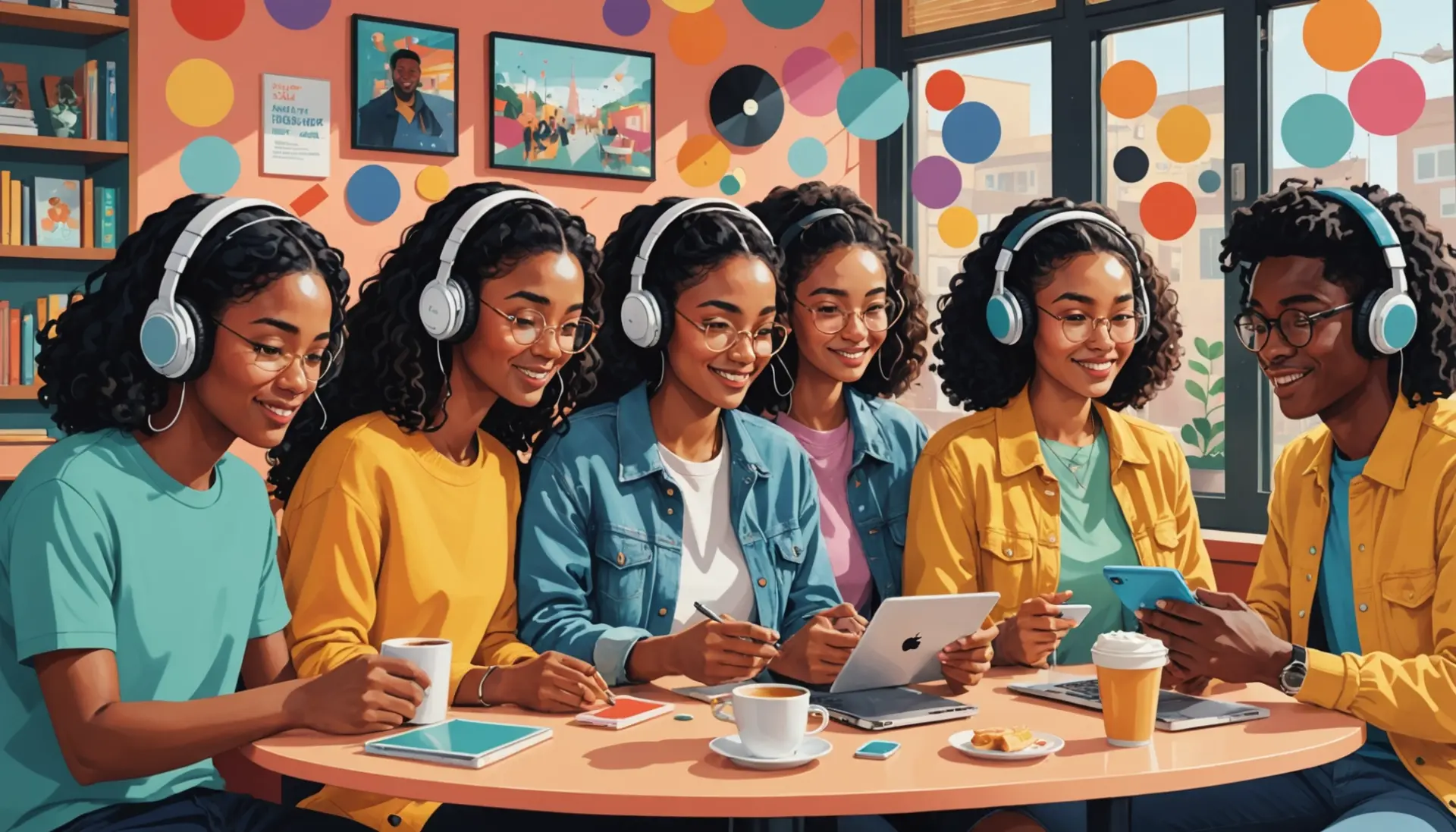 Editorial illustration showing young people discussing what does trot mean while listening to music