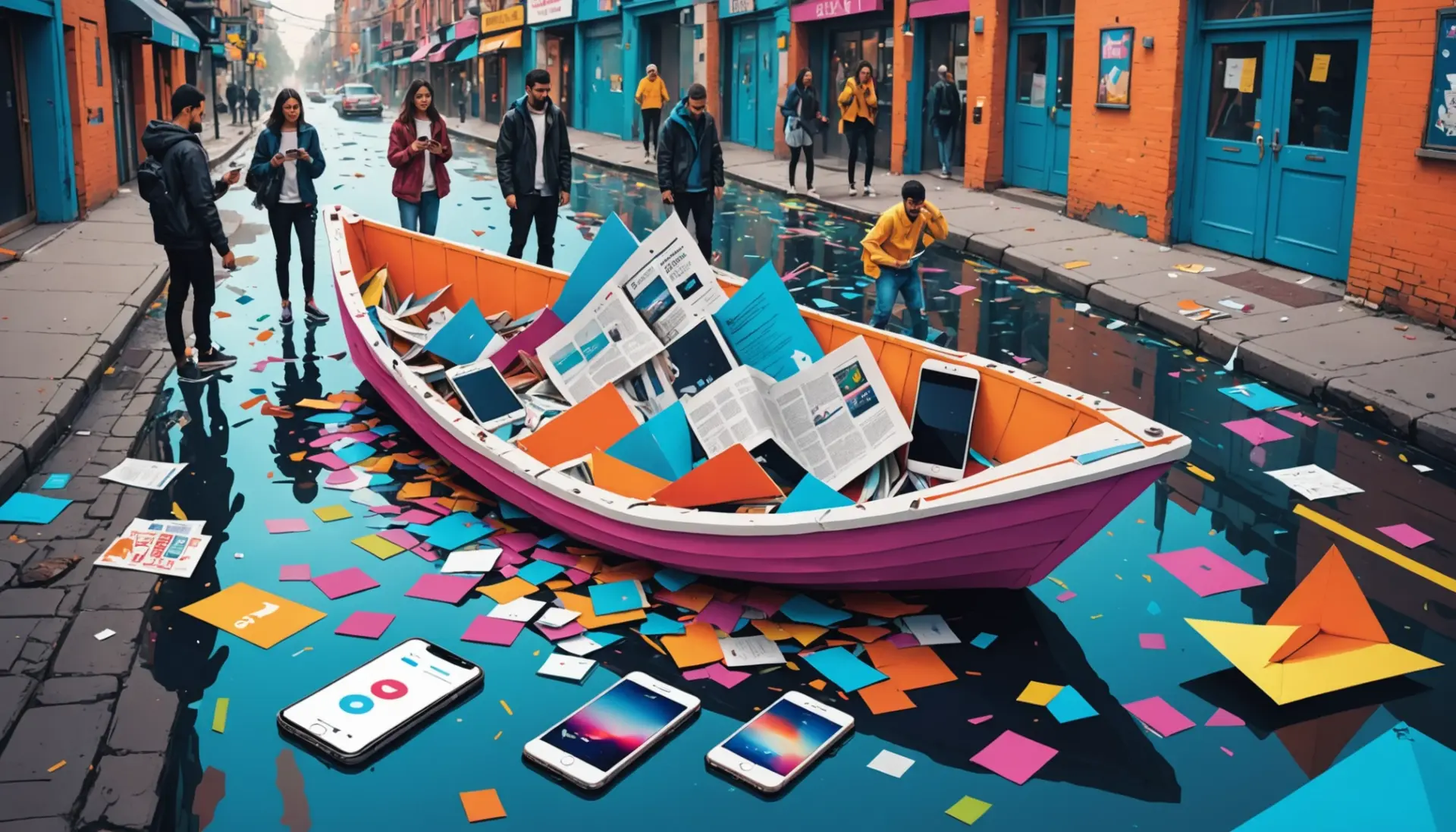 Editorial illustration representing founder meaning slang with sinking and collapsing metaphors