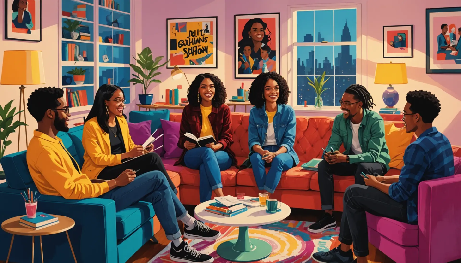 Editorial illustration showing a lively modern salon scene, with the words salon meaning slang reflected in visuals