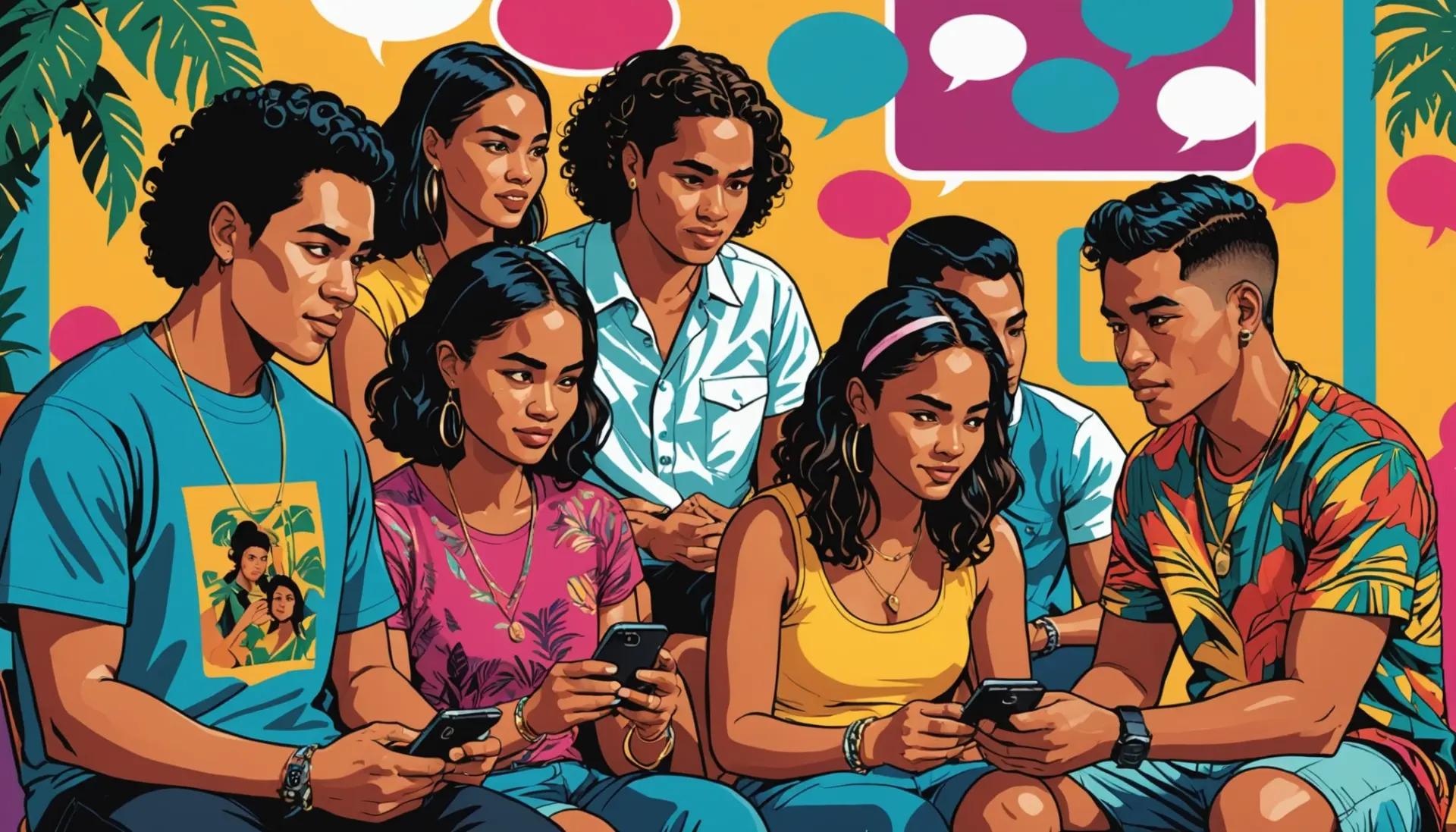 Editorial illustration showing Samoan speakers texting the phrase what does ufa mean in samoan on colorful phones