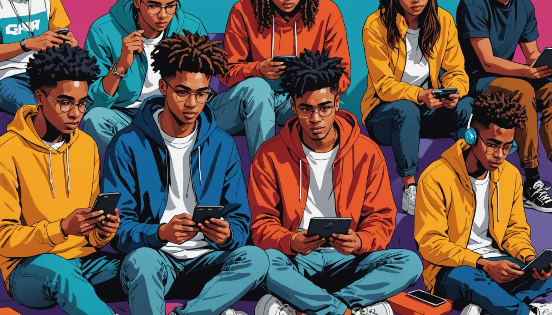 Editorial illustration showing people searching 'hack urban dictionary' on phones and laptops, representing the phrase hack urban dictionary