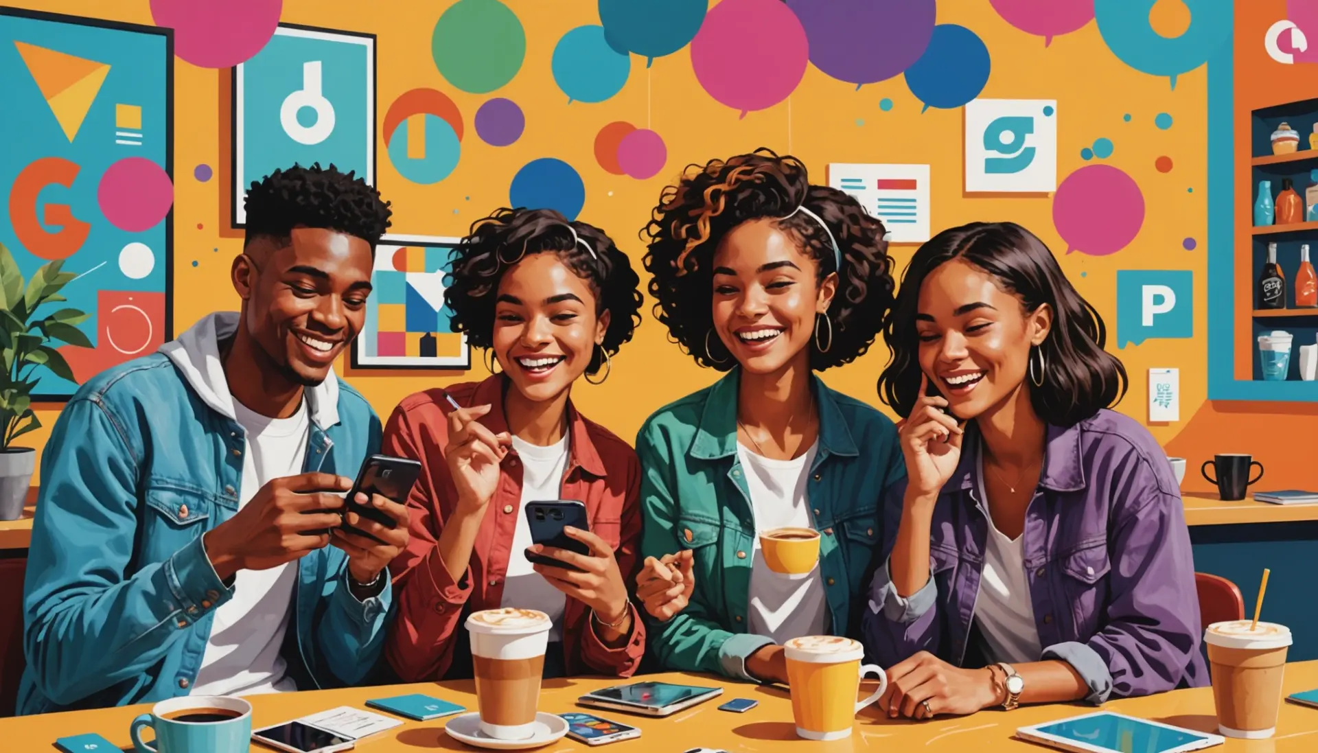 Editorial illustration showing people discussing ROI meaning slang with smartphones and charts, vibrant color