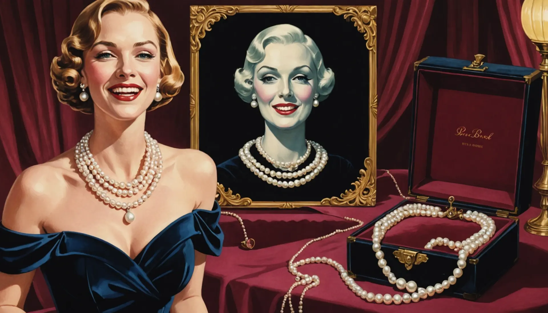 Editorial illustration of people and pearls referencing urban dictionary meaning of pearl necklace