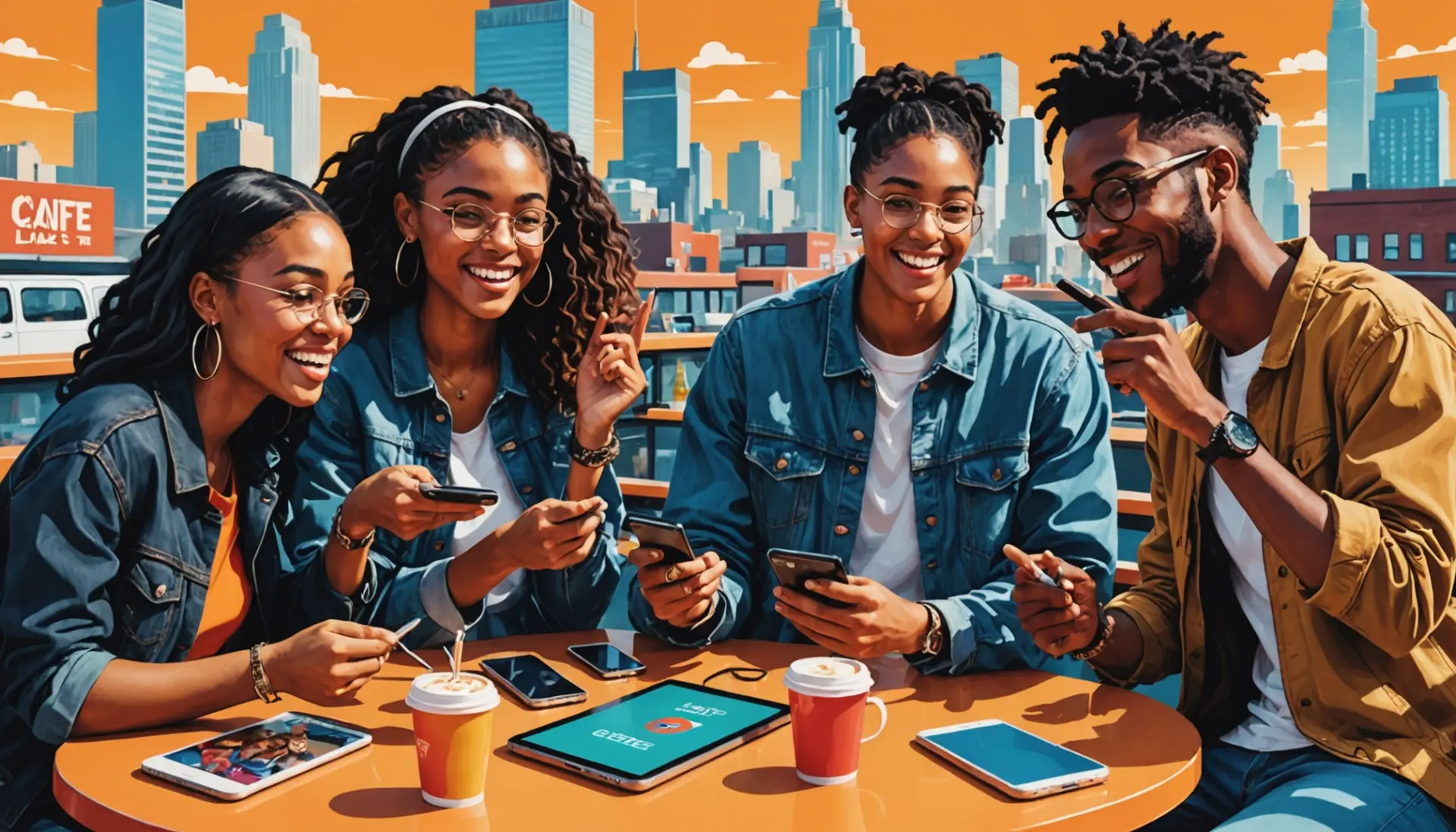 Editorial illustration of young people using slang, with the phrase mog definition urban dictionary implied in context