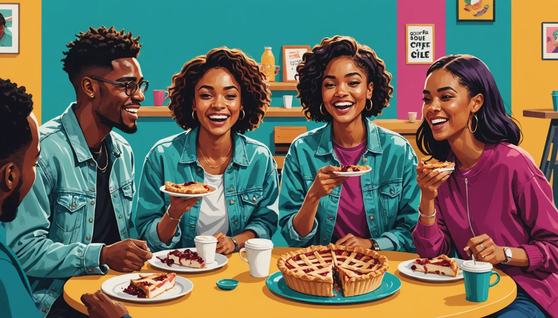 Editorial illustration showing people reacting to the phrase 'shoofly meaning slang' in a lively café scene