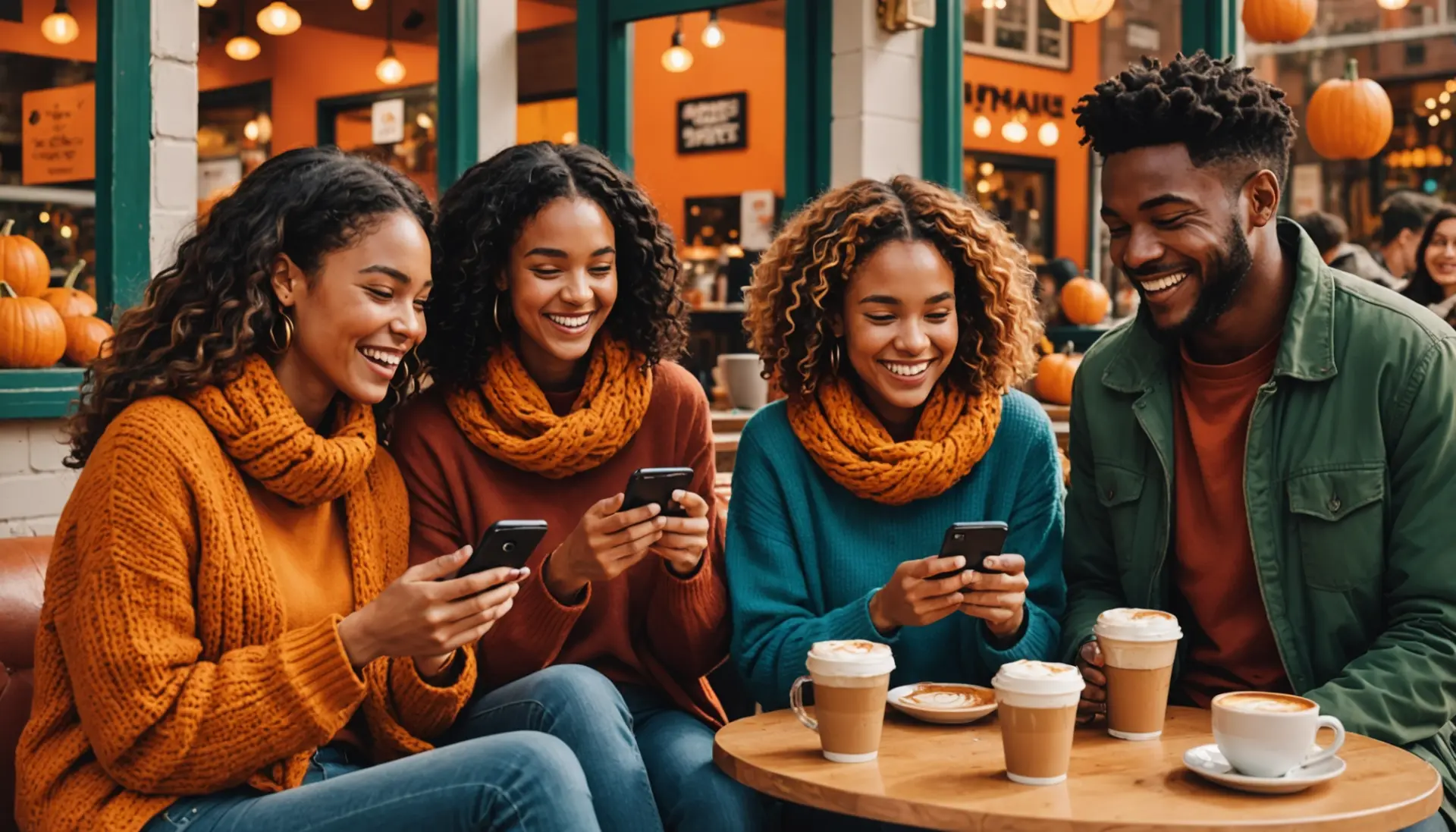 Editorial illustration of friends texting the phrase pumpkin meaning slang with fall imagery